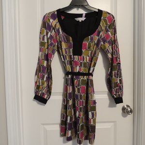 Trina Turk Sz 2 Dress Geometric Print Long Sleeve Y Neck Line Cotton Silk Blend
